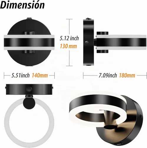 Vista 7 de Apliques de pared LED con interruptor de encendido/apagado, luminarias de pared giratorias cableadas de color negro mate, puerto de carga USB