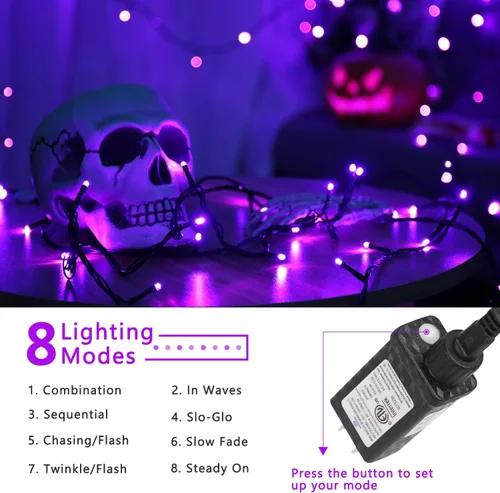 Vista 2 de ODEETRONIC Luces de Halloween moradas, 98.4 pies, 300 luces LED moradas, 8 modos de cadena de luces de Halloween conectables, luz de hadas