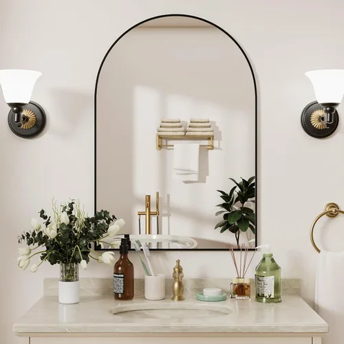 Vista 7 de Rowjut Espejo de pared en forma de arco de 30 x 20 pulgadas, espejo decorativo de pared y baño con marco de hierro, espejos de pared superior