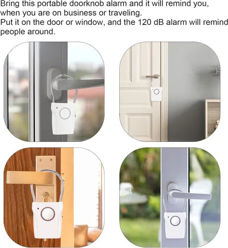 Vista 8 de Alarma para manija de puerta (2 unidades) Vibración activada, alarma de 120 dB, audible 550 pies, para viajes, hotel, apartamento, seguridad