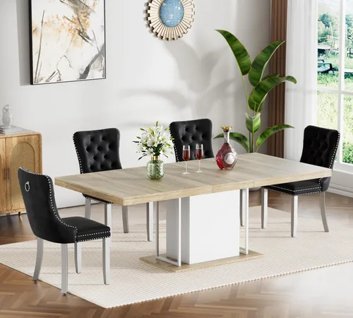 Vista 102 de Juego de mesa de comedor extensible de 5 piezas, juego de mesa de comedor extensible de estilo granja para 4, mesa de cocina expandible de madera