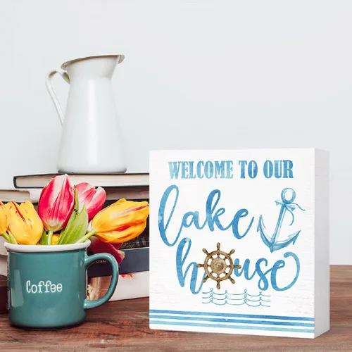 Vista 5 de Letrero de madera con texto en inglés "Welcome to Our Lake House" para decoración de casa con temática de lago, decoración de escritorio