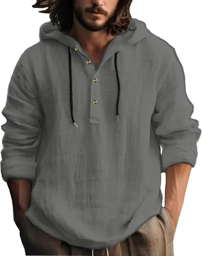 Vista 7 de Camisas de algodón y lino para hombre, estilo retro, hippie, guayabera, con capucha, manga larga, cuello en V, con botones, sudaderas con capucha