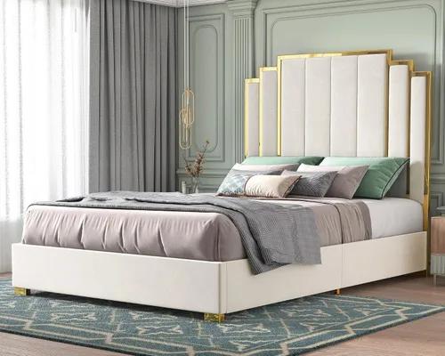 Vista 10 de HOWE Base de cama tapizada tamaño Queen de 61 pulgadas con borde chapado en Negro