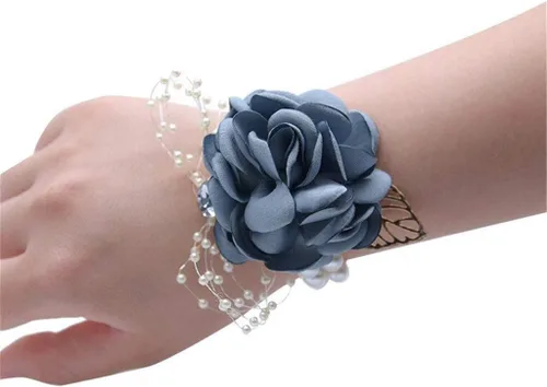 Vista 11 de Ramillete de muñeca para dama de honor para niña, flor de muñeca de seda nupcial con cuentas de perlas de imitación, pulsera elástica de hoja de oro