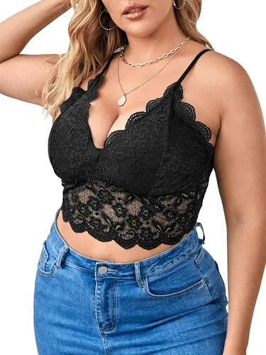 Vista 4 de SOLY HUX Brasier sin aros de encaje floral sexy con ribete festoneado y tirantes ajustables, cuello en V, bralette diario para mujer