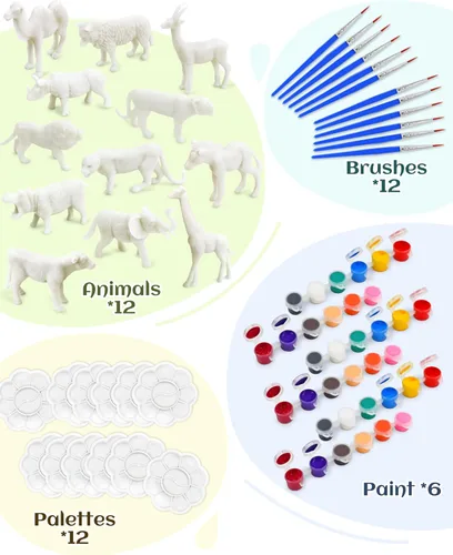 Vista 2 de Vileafy Kits de manualidades de pintura de animales de safari para niños de 4 a 8 años - 12 figuras de animales pintables con pinceles y paletas