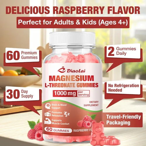 Vista 6 de Gomitas de magnesio L-treonato de 1000 mg - Suplemento cerebral para memoria y concentración para adultos y niños - Sin azúcar, sin OMG, sabor a