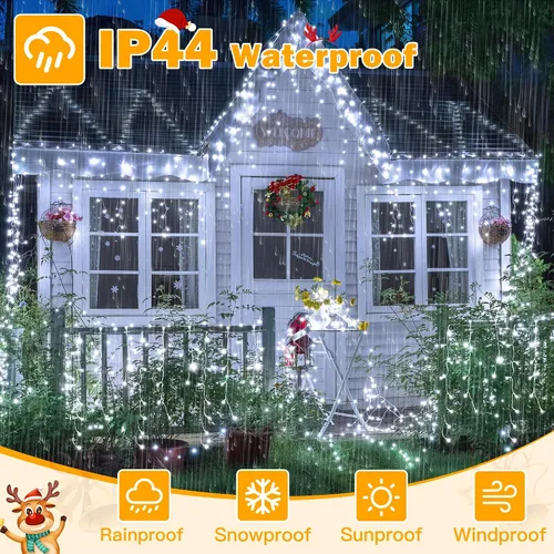 Vista 4 de Ollny Luces de Carámbano para Exteriores Blanco Frío, 600LED 49FT Luces de Navidad con Control Remoto 8 Modos Regulables, Impermeable Conectable