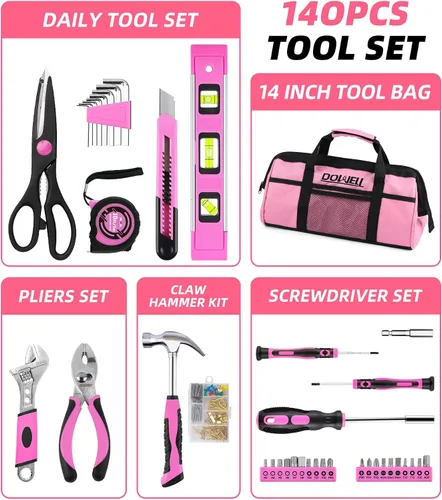 Vista 2 de DOWELL Kit de herramientas rosa de 140 piezas para mujeres, niñas, damas, juego de herramientas para el hogar con bolsa de herramientas de 14