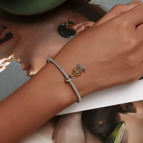 Vista 5 de Dije de girasol de plata de ley 925, dije de rosa con dije de amor, dije de cumpleaños para pulsera Pandora