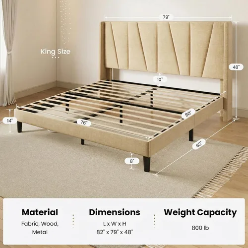 Vista 2 de SHA CERLIN Base de cama tamaño King con cabecera geométrica con respaldo de ala, cama de plataforma tapizada con espacio debajo de la cama de 8 Beige