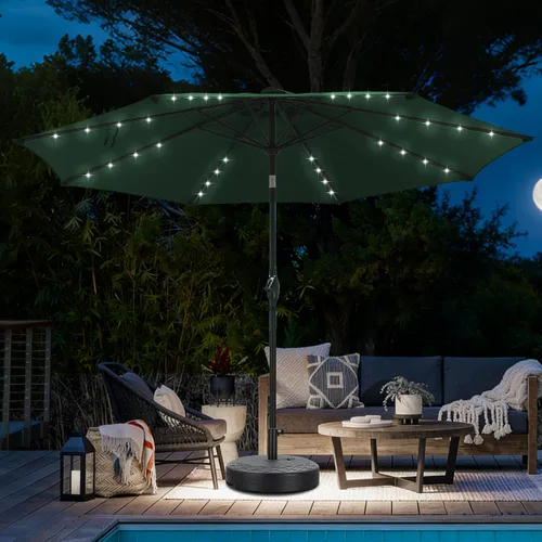 Vista 20 de Sombrilla solar de patio de 10 pies con base, 32 luces LED, sombrilla de mercado al aire libre con botón de inclinación y grietas para jardín Azul