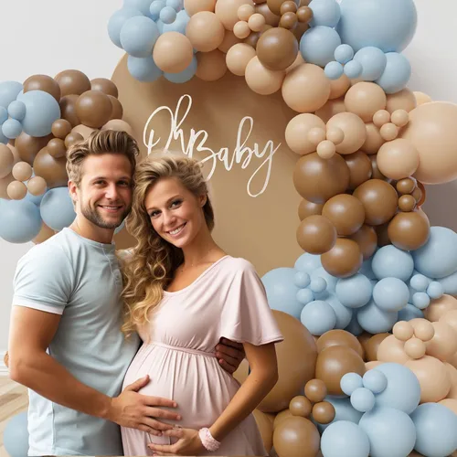Vista 4 de ECEAE Kit de arco de globos con tema de oso color azul claro, beige, marrón claro y marrón, globos crema, guirnalda de globos para decoración