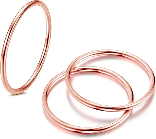 Vista 5 de LOYALLOOK 3 anillos midi de acero inoxidable de 0.039 pulgadas para mujer, con banda lisa, apilables, ajuste cómodo, color platadoradorosa, Acero