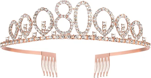 Vista 2 de Tiara y banda de cumpleaños de oro rosa para mujer, fabuloso recuerdo de fiesta de cumpleaños número 80