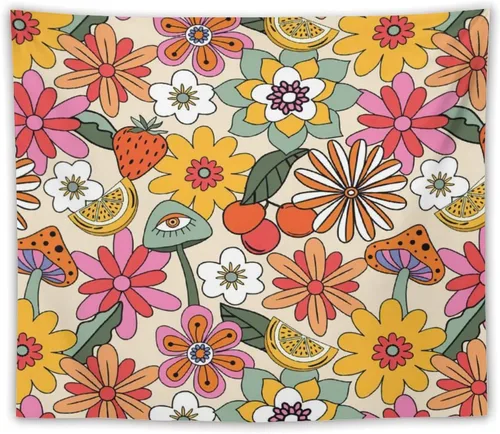 Vista 12 de Houselerax Tapiz floral retro de los años 60 y 70, diseño hippie de primavera Groovy Flower Power Flower Boho para colgar en la pared, arte neutro