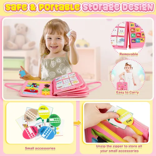 Vista 5 de URMYWO Tablero de actividades Montessori para niños de 1, 2, 3, 4 años, libro ocupado para actividades para niños con habilidades motoras finas, Rosa