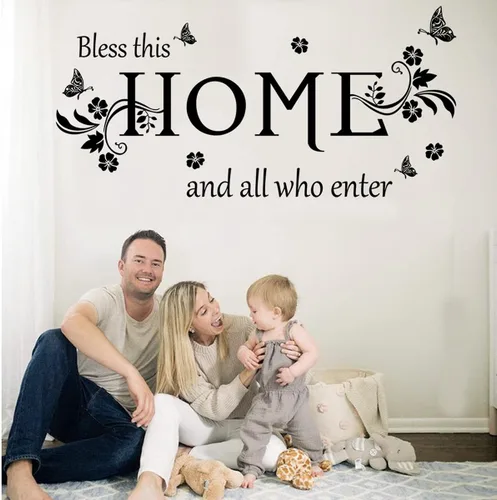Vista 3 de Adhesivo de pared de vinilo negro con texto en inglés "Bless This Home and All Who Enter Bless This Home and All Who Inter", calcomanías de pared