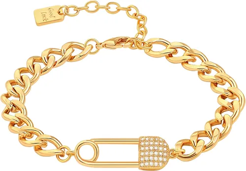 Vista 12 de PEARLADA Pulsera de cadena de oro de 18 quilates con capas, dije de moneda y cierre de palanca, joyería moderna con circonia cúbica 1. Cruz de hilo