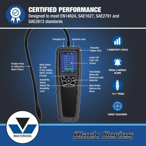 Vista 2 de Detector de fugas de refrigerante infrarrojo de serie negra Mastercool 55600-A – Sensor IR de 10 años, selección inteligente de refrigerante
