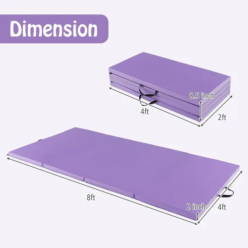 Vista 7 de GYMAX Colchoneta de gimnasia, 4 x 8 x 2 pulgadas, plegable, gruesa, con asas de transporte y costuras resistentes, cubierta de piel sintética Púrpura