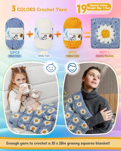 Vista 4 de Kit de Ganchillo Coopay para Principiantes para Manta, Kit de Ganchillo de Cuadrados de Abuela con Instrucciones y Suficiente Hilo, Juego Completo