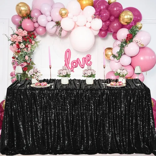 Vista 116 de Manteles redondos de lentejuelas negros para fiestas, de 121,9 cm, mantel redondo de purpurina ajustado, pequeño, lindo y dulce, para boda