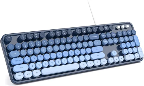 Vista 8 de MOFII Teclado de máquina de escribir con cable, tamaño completo, USB Plug and Play, teclado redondo retro con soportes plegables para PC, laptop