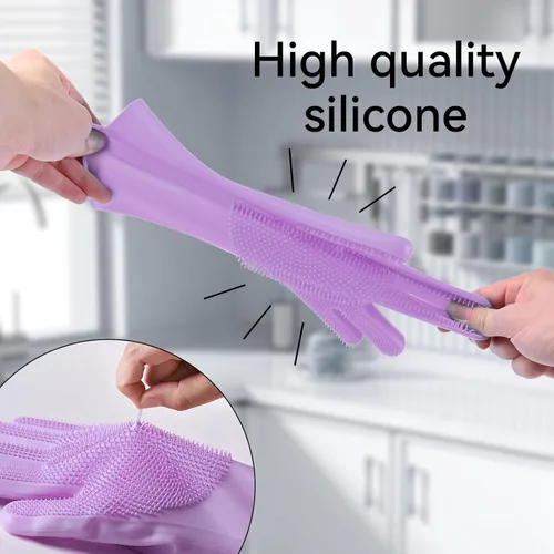 Vista 4 de Silicone Dishwashing Gloves, Kitchen Gloves for Washing Dishes Reusable Waterproof Dishwashing with Cleaning Brush