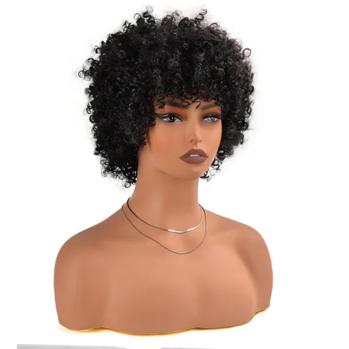 Vista 8 de Vitorish Peluca corta afro rizada con flequillo para mujeres negras, peluca sintética resistente al calor, color negro natural, para uso diario