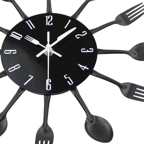 Vista 5 de Reloj de pared de cocina Timelike, reloj de cocina de cubertería 3D extraíble moderno creativo, cuchara y tenedor, reloj de pared con espejo Negro