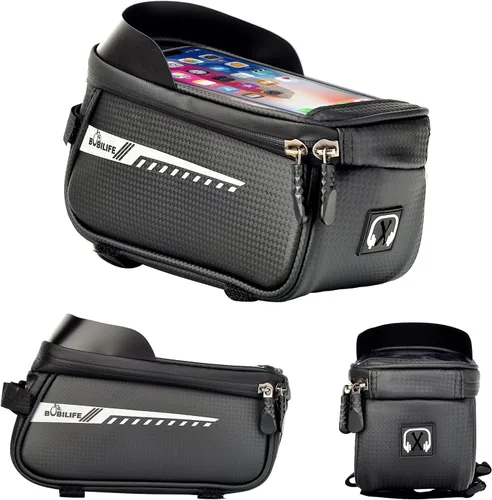 Vista 4 de Bolsa para marco de bicicleta con soporte para teléfono celular, bolsa de tubo frontal impermeable para bicicleta con funda de teléfono compatible