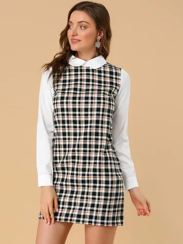 Vista 4 de Allegra K Vestido a cuadros de manga larga con cuello Peter Pan para mujer