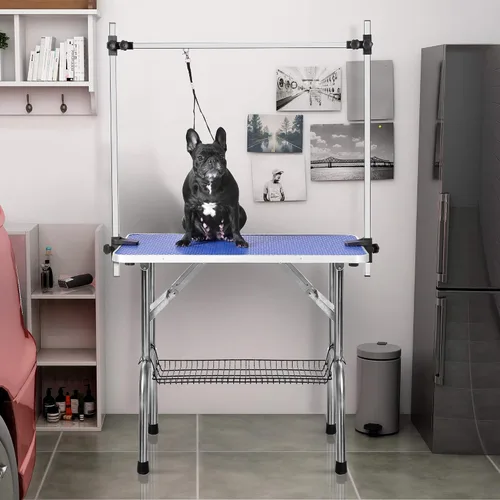Vista 7 de Mesa profesional de aseo para perros y mascotas, ajustable, resistente, portátil, con brazo y lazo y bandeja de malla (42 pulgadas, azul)