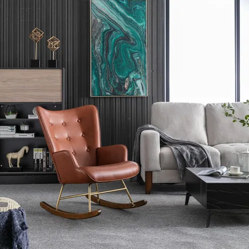 Vista 6 de DOGNNAK Mecedora de cuero marrón con respaldo copetudo con base de madera maciza, respaldo alto cómodo, sillón de ocio para sala de estar y Mecedora