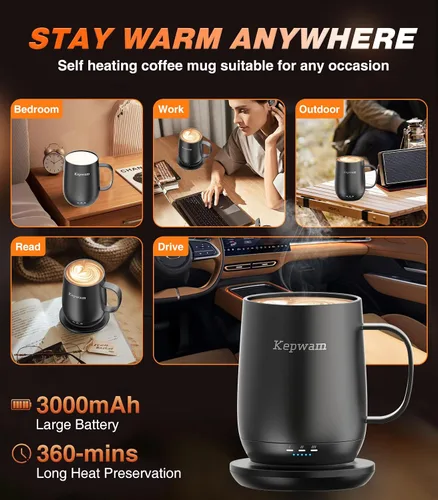 Vista 4 de Kepwam Taza de café autocalentable T2, taza de café con calefacción inteligente de 16 onzas, duración de la batería de 150 minutos, calentador