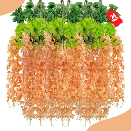 Vista 58 de Paquete de 12 flores colgantes de glicina rosa, flores colgantes falsas de 3.44 pies, guirnalda de glicina artificial para decoración de boda, telón