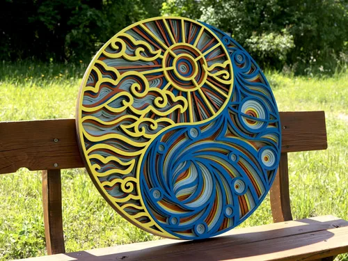 Vista 6 de Decoración de pared para el hogar, Yin Yang Corte láser multicapa tallado elegante mandala de madera para colgar, paneles MDF para decoración, obras