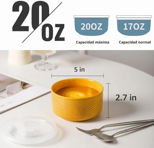 Vista 2 de Cuencos de cerámica con tapas: recipientes de almacenamiento de alimentos aptos para microondas de 20 onzas para sopa, ensalada, cereales, sobras