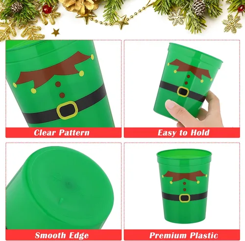 Vista 3 de Kochorie 60 vasos de plástico de Navidad para fiestas, vasos de plástico de 16 onzas, vasos desechables para estadio, cinturón de Papá Noel, vasos