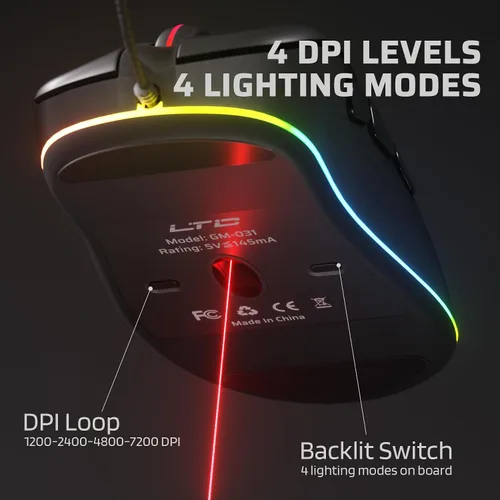 Vista 3 de LTC GM-031 Ratón para juegos con cable, 7200 DPI ajustable, 6 botones macro programables, 4 modos retroiluminados RGB, forma ergonómica, soporte