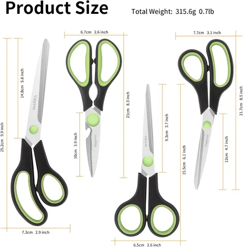 Vista 4 de Tijeras de cocina, cuchillas de acero inoxidable, agarre suave, juego de tijeras de cocina multiusos resistentes, negro/verde, juego de 4 piezas
