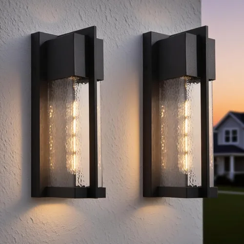 Vista 8 de Maxax Paquete de 2 luces de pared para exteriores del anochecer al amanecer, aplique de pared exterior negro de 13 pulgadas con vidrio de martillo