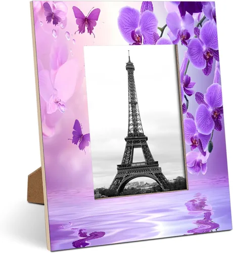 Vista 10 de Marco de fotos de color morado floral de 4 x 6 pulgadas, hecho de madera, mariposa se adapta a marcos de fotos de 4 x 6 o 3.5 x 5 pulgadas