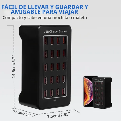 Vista 2 de Estación de carga USB de escritorio de 20 puertos - Cargador inteligente multifunción de 100 W para teléfonos inteligentes, tabletas y más
