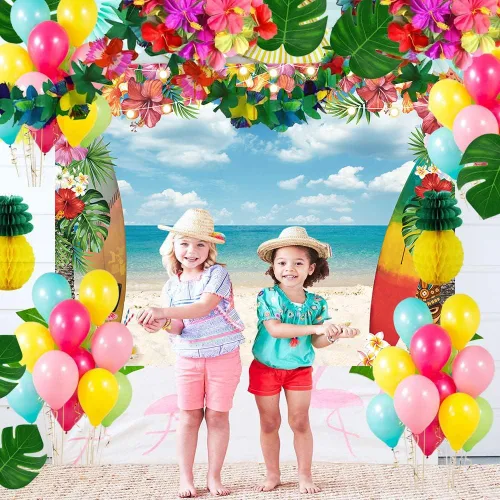 Vista 3 de Fondo de playa hawaiana para verano, cielo, océano, palmera tropical, tabla de surf, fondo de fotografía, baby shower, decoración de fiesta