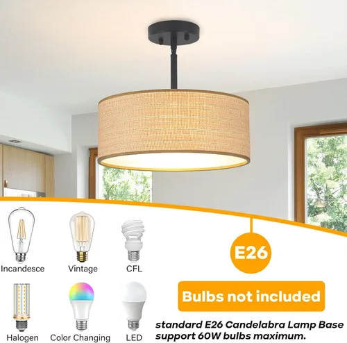 Vista 7 de Lámpara de techo inclinada de ratán, 13 pulgadas, luces de montaje semiempotradas bohemias tejidas con pantalla de tela de tambor, iluminación