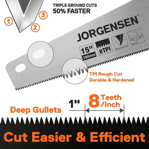 Vista 3 de JORGENSEN Sierra de mano profesional de 15 pulgadas, mango ergonómico de soldadura ultrasónica de aluminio antideslizante de corte fino 8 TPI