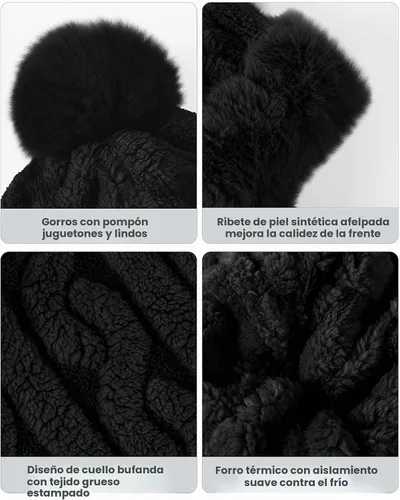 Vista 7 de Winter Hats and Scarf Set for Women One Piece Hat Beanie Negro